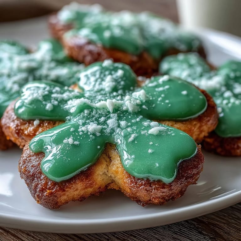 Buttery sugar cookies cut into shamrocks and frosted with vibrant green royal icing, perfect for holiday celebrations.