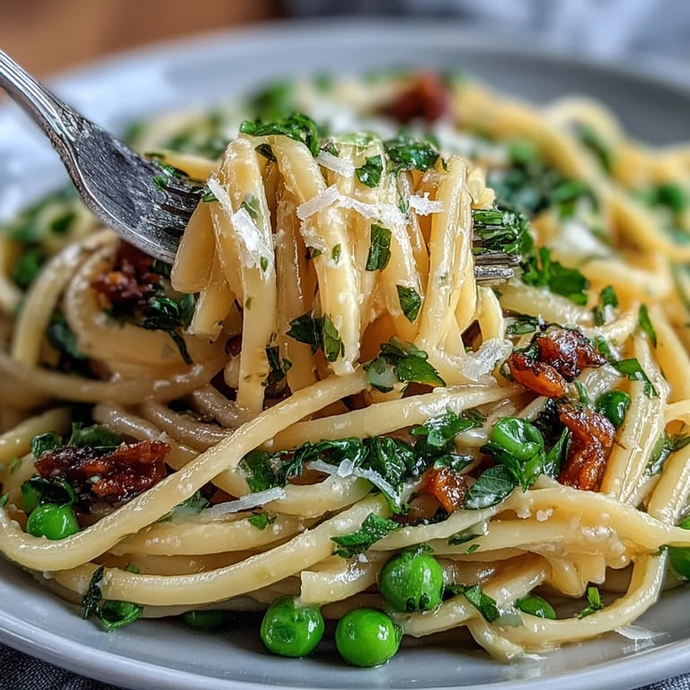 Creamy lemon-butter sauce coats linguine with green peas, topped with fresh parsley and grated Parmesan.