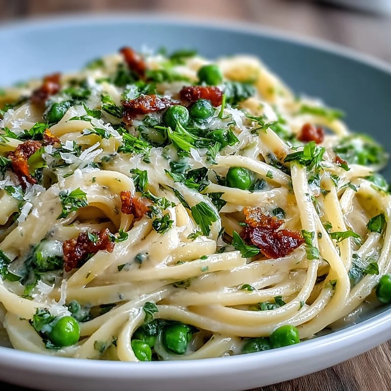 Spring-inspired pasta dish featuring tender peas, zesty lemon butter, and Parmesan, perfect for a light meal.
