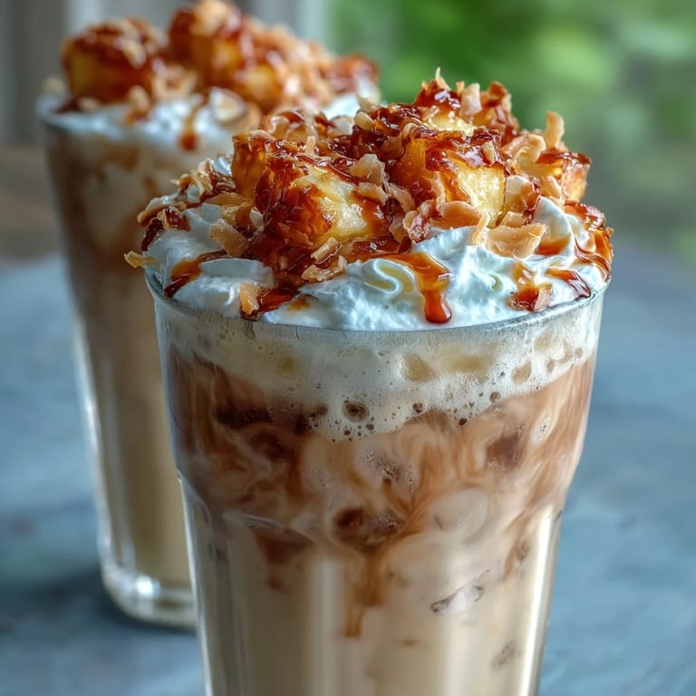 Iced Vanilla Bean Frappuccino with Toasted Coconut Foam: a refreshing summer drink featuring smooth vanilla bean frappuccino crowned with a layer of lightly browned coconut milk foam.