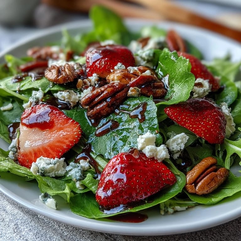 Vibrant strawberry and arugula salad topped with crumbled goat cheese, nuts, and a glossy balsamic glaze.
