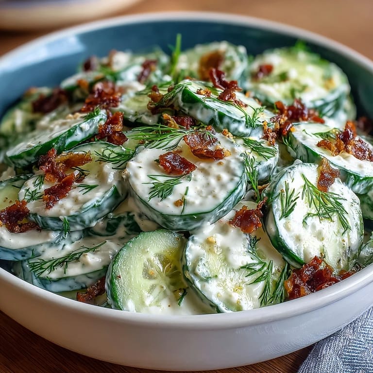 Creamy Cucumber Salad with Dill and Greek Yogurt: Vibrant cucumbers and red onion in a smooth, herb-infused yogurt dressing, ideal for barbecues or healthy lunches.