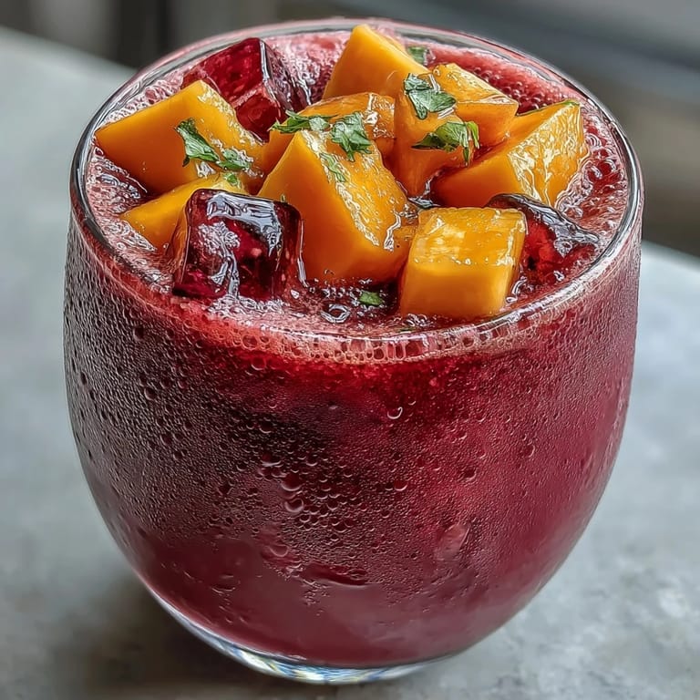 Vibrant homemade mango dragonfruit refresher in a glass, featuring icy chunks of dragonfruit and a splash of citrus for a zesty twist.