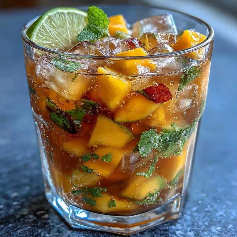 Refreshing mango peach sangria served over ice, bursting with juicy citrus and tropical fruit flavors.