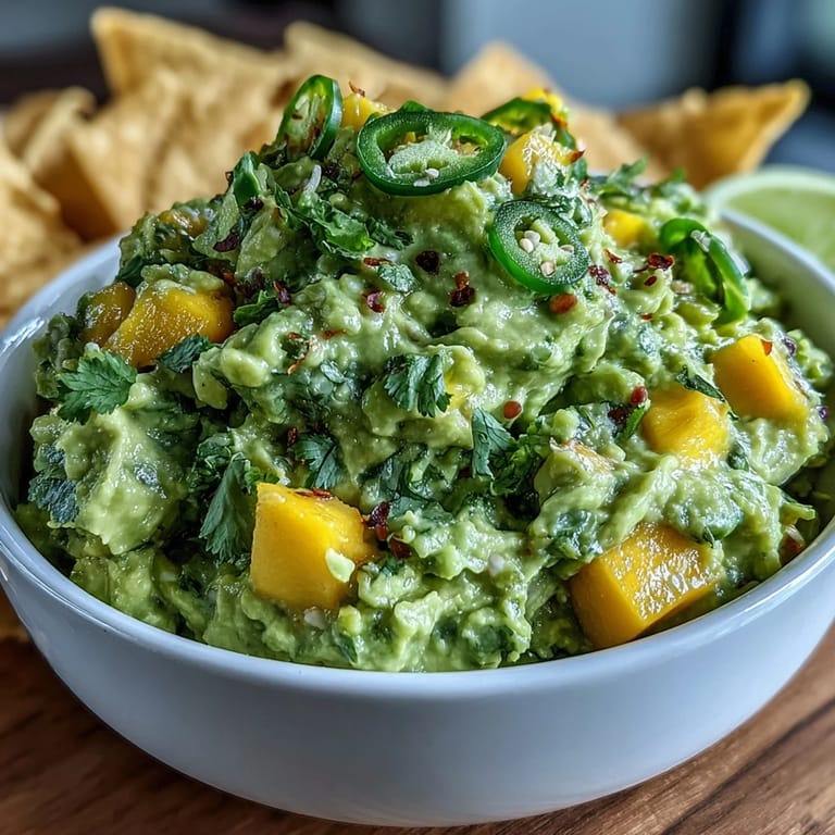Close-up of fresh mango guacamole served in a bowl with lime wedges and cilantro garnish on the side.