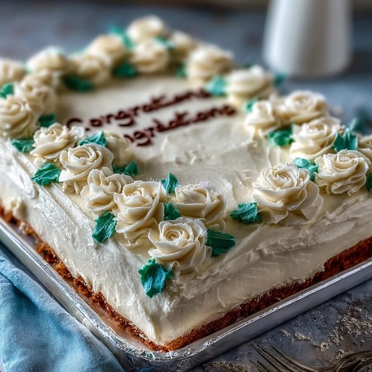 Elegant vanilla sheet cake decorated with smooth buttercream roses, ideal for graduation parties and festive gatherings.