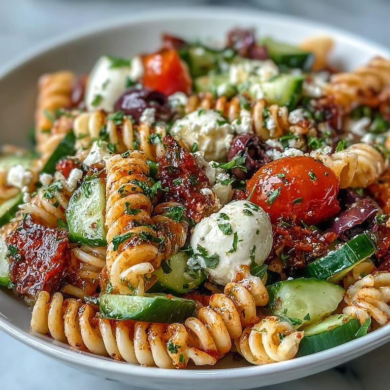 Vibrant pasta salad featuring rotini, bell peppers, olives, and creamy mozzarella tossed in bold Italian dressing.