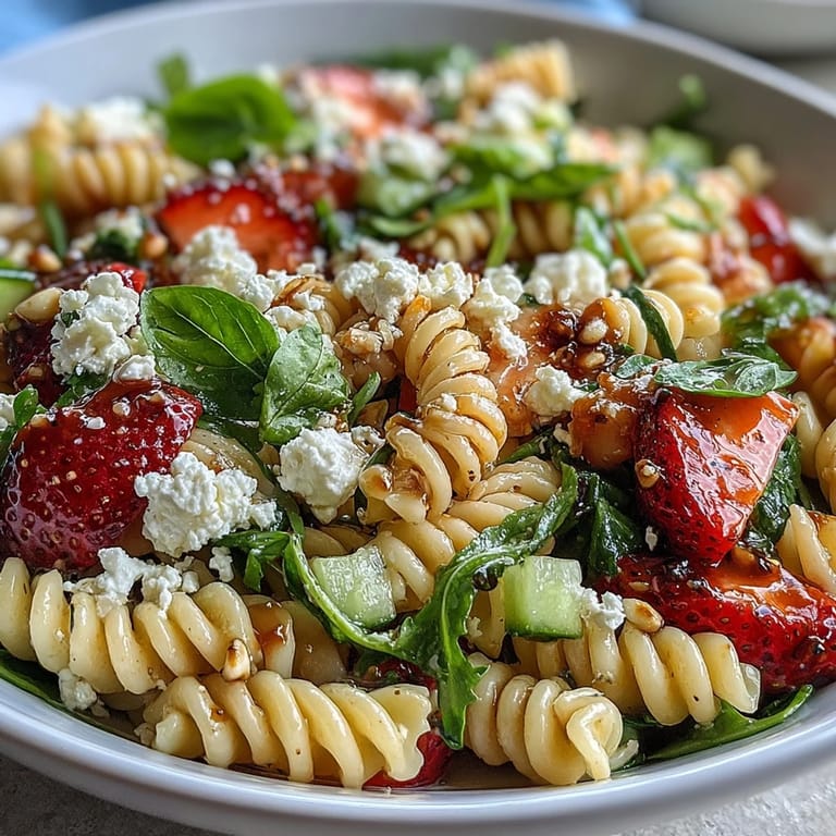 Fresh pasta salad featuring juicy strawberries, tangy feta, and peppery arugula for a spring-inspired dish.