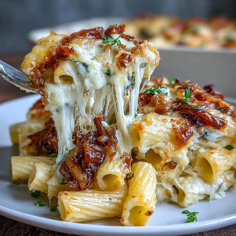 Cheesy French onion pasta bake topped with melted Gruyère, savory caramelized onions, and fresh parsley garnish.
