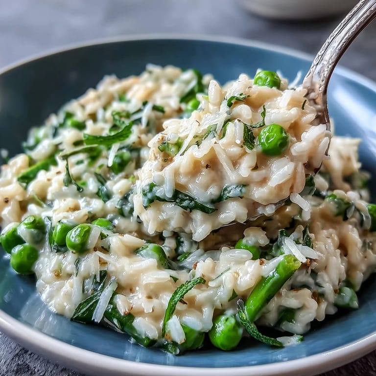 A beautiful bowl of spring pea risotto, bursting with fresh lemon and mint flavors.