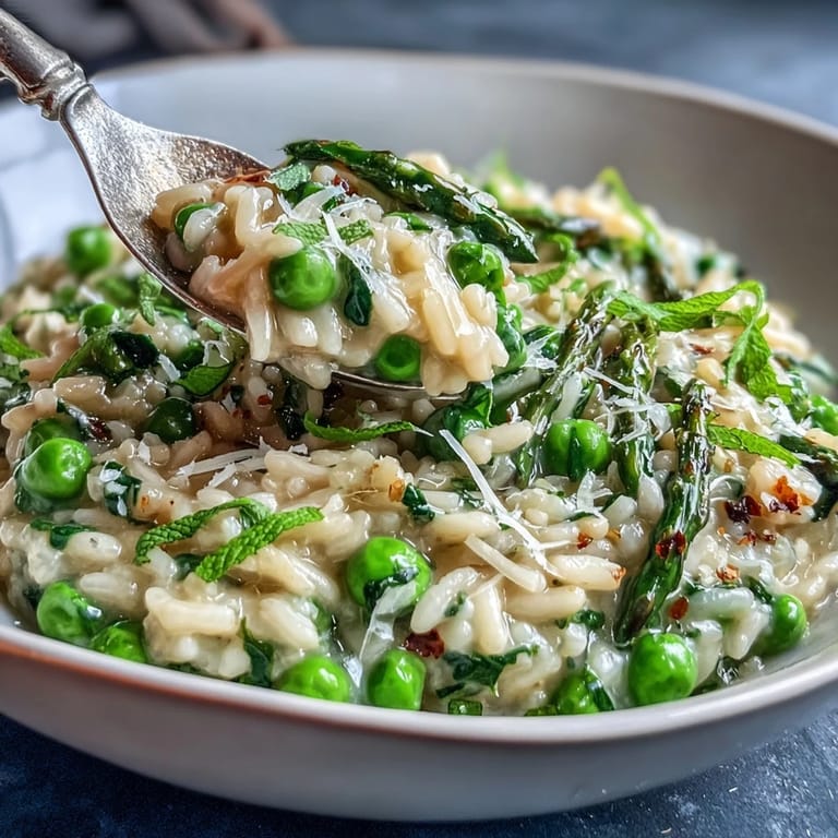Close-up of steamy, rich spring pea risotto, ready to be served immediately.