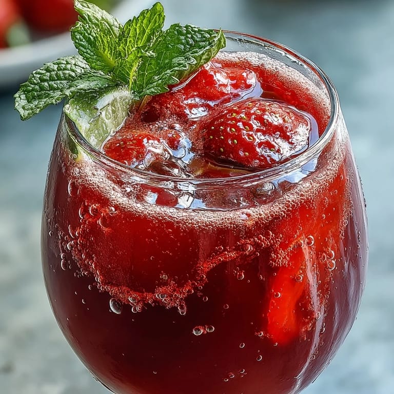 Bright, ruby-red strawberry agua fresca garnished with lime, ideal for a hot afternoon.