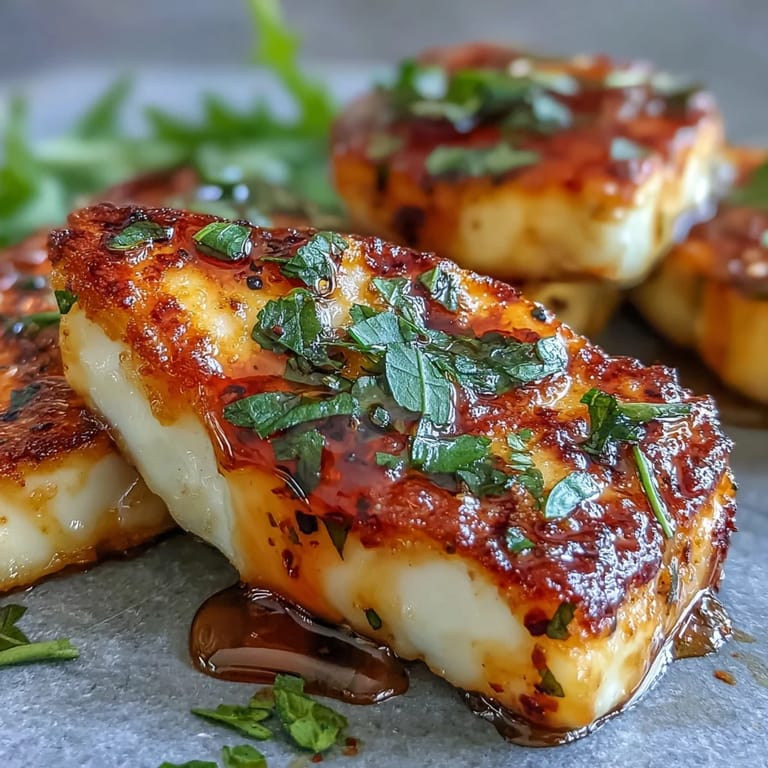 Hot Honey Halloumi appetizer: crispy, warm cheese drizzled with spicy honey.