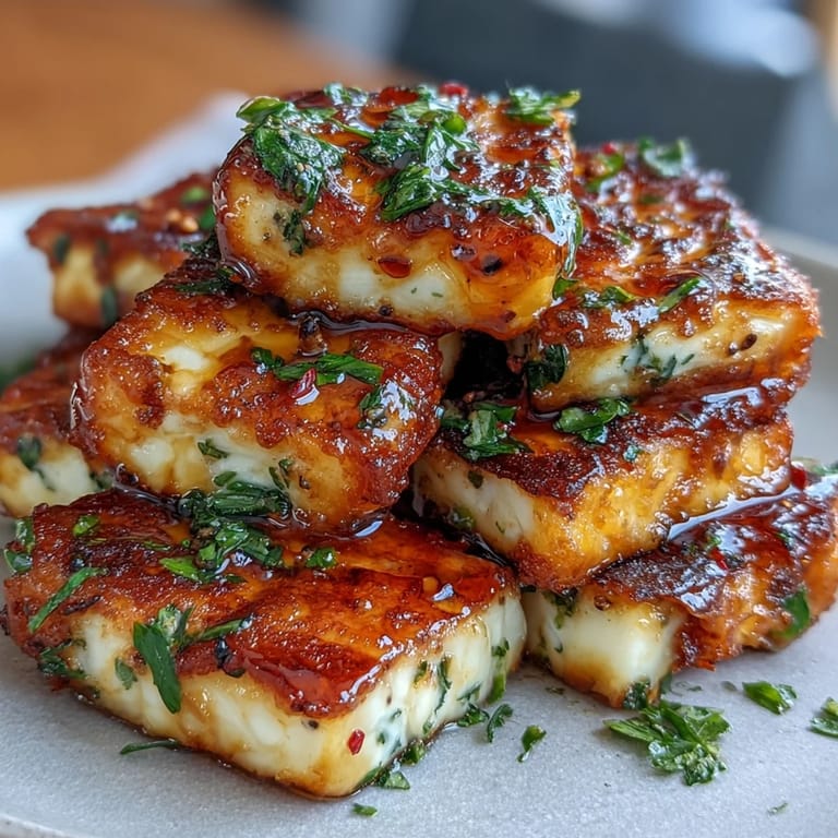 Enjoy this easy Hot Honey Halloumi served fresh over peppery arugula.