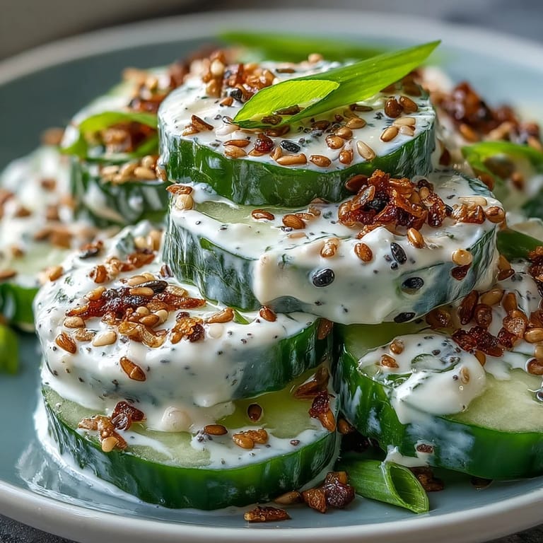 Creamy, tangy TikTok Cucumber Salad topped with savory everything bagel seasoning.