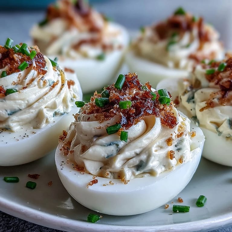 Savory deviled eggs topped with everything bagel seasoning, ready to serve.