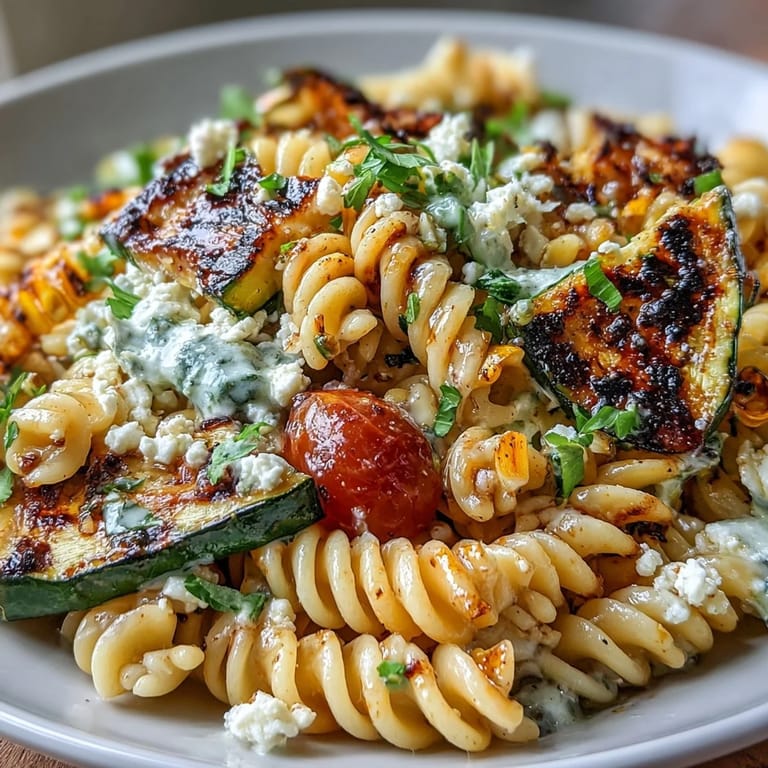 Smoky grilled zucchini corn pasta salad, perfect for summer picnics and BBQs.