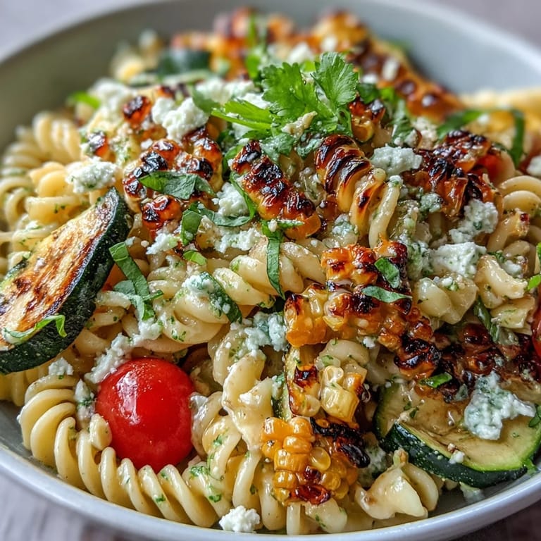 Refreshing pasta salad showcasing grilled zucchini’s char and tangy cotija.
