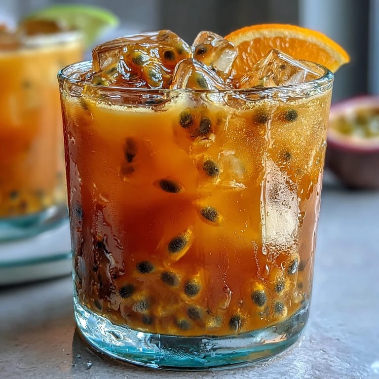 Enjoy this gorgeous Tropical Sunrise Mocktail with fresh passionfruit swirls.