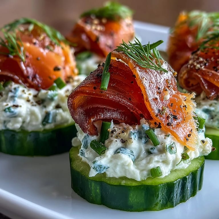 Crisp cucumber bites topped with savory smoked salmon and herbed cream cheese.