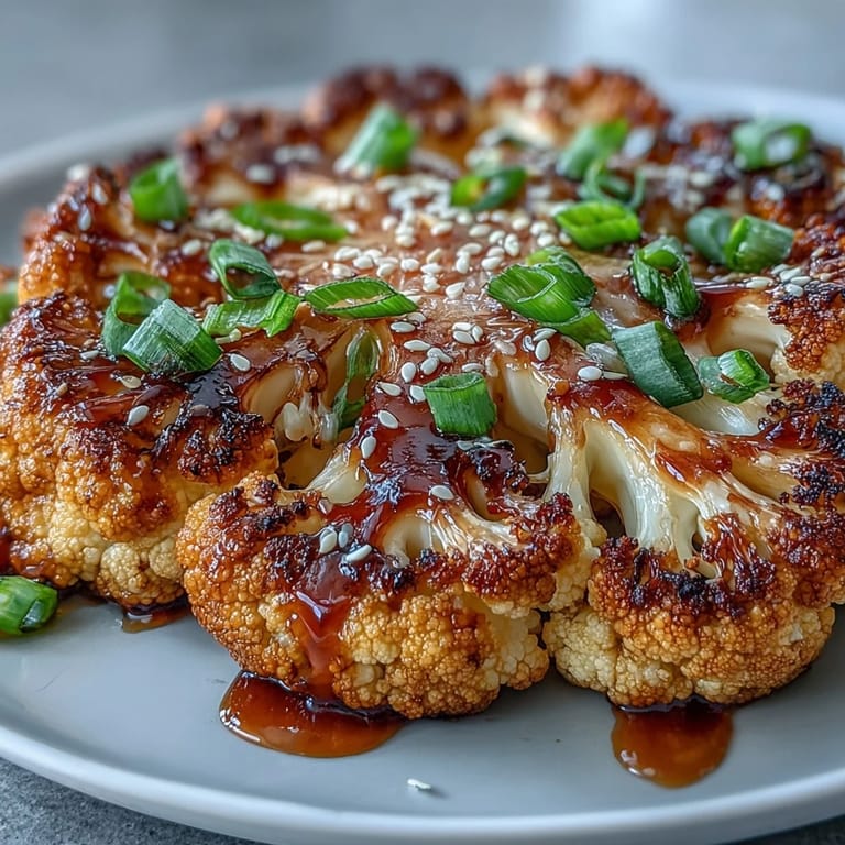 Thick, roasted Teriyaki Cauliflower Steaks with a savory glaze, garnished beautifully.