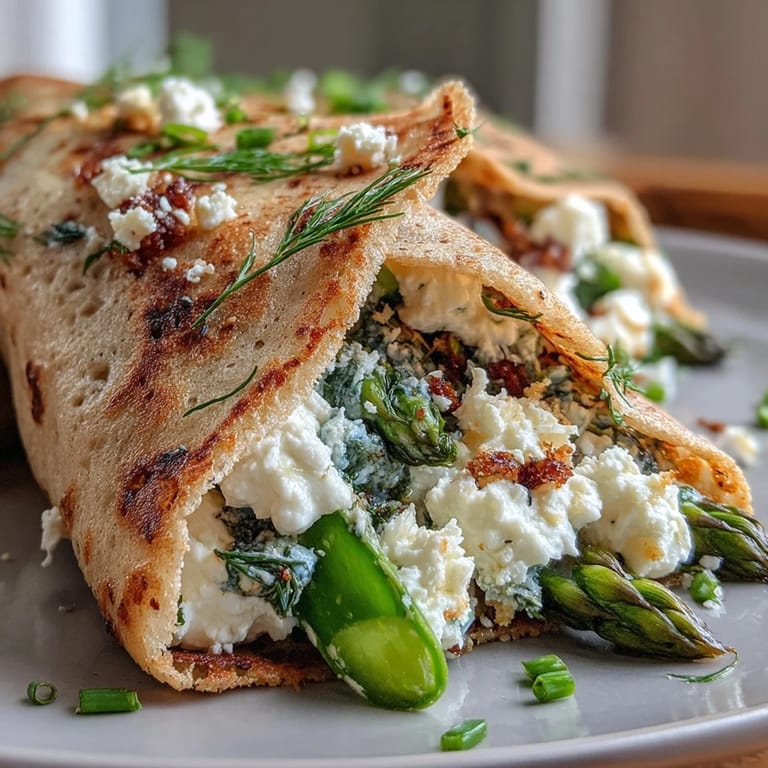 Savory buckwheat crepes with tender spring vegetables, a delightful brunch or lunch option.