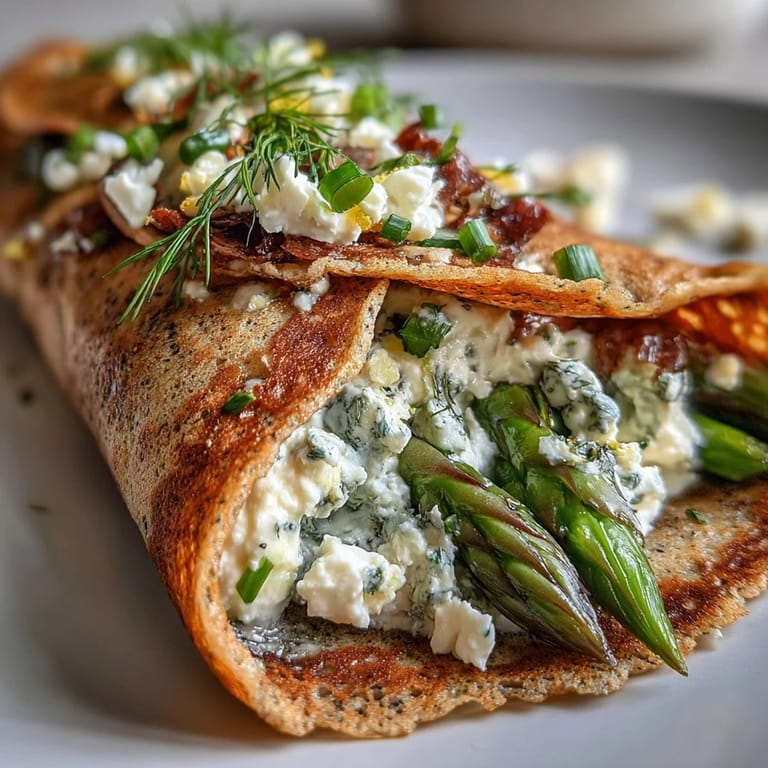 Beautifully folded Spring Buckwheat Crepes, showcasing a mosaic of colorful garden-fresh fillings.
