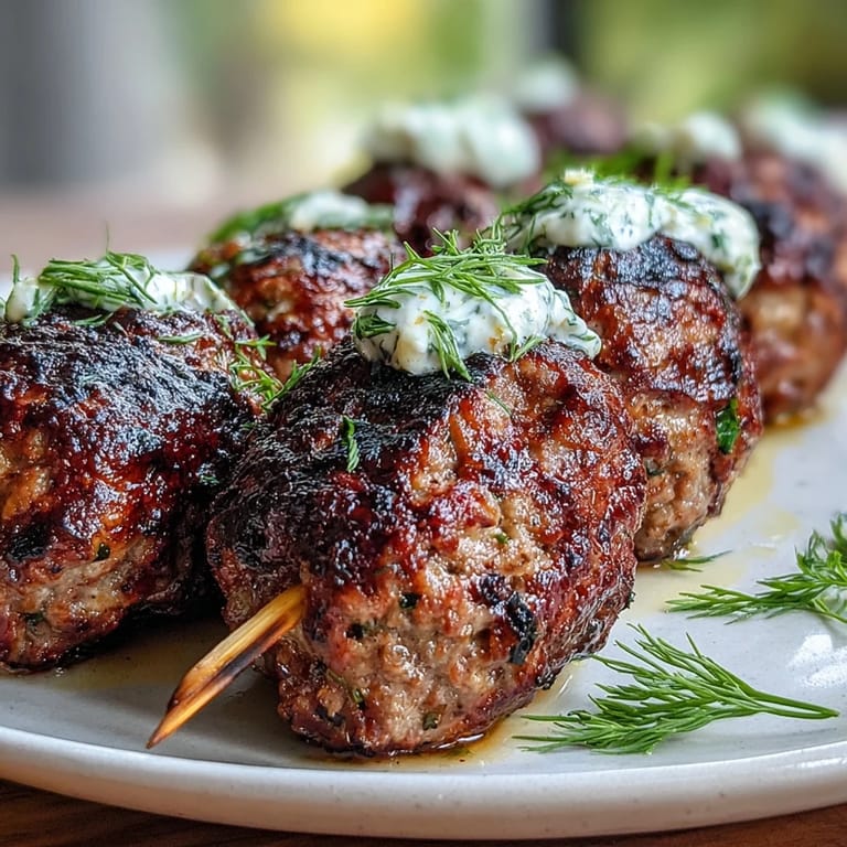 Tender spiced lamb kofta, expertly grilled and ready for delicious tzatziki.