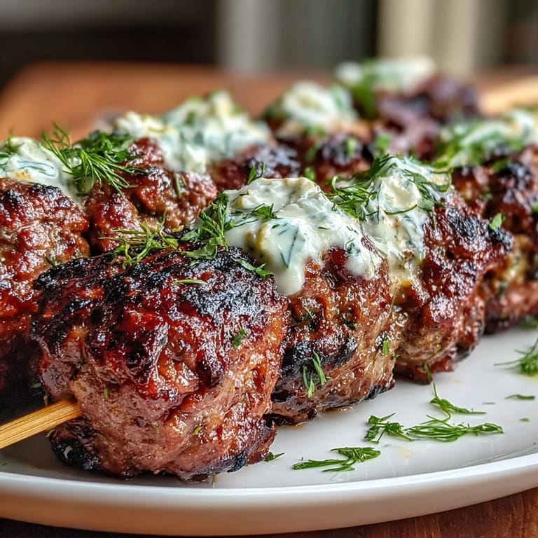 Golden-brown lamb kofta, perfect with fresh tzatziki for a vibrant meal.