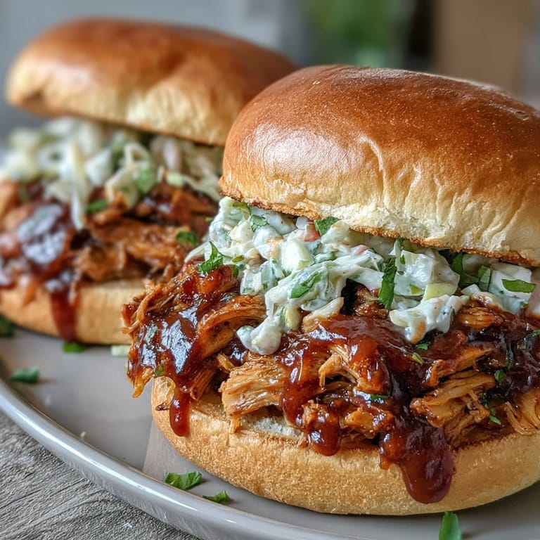Smoky vegan BBQ pulled jackfruit filling overflowing a bun with coleslaw.