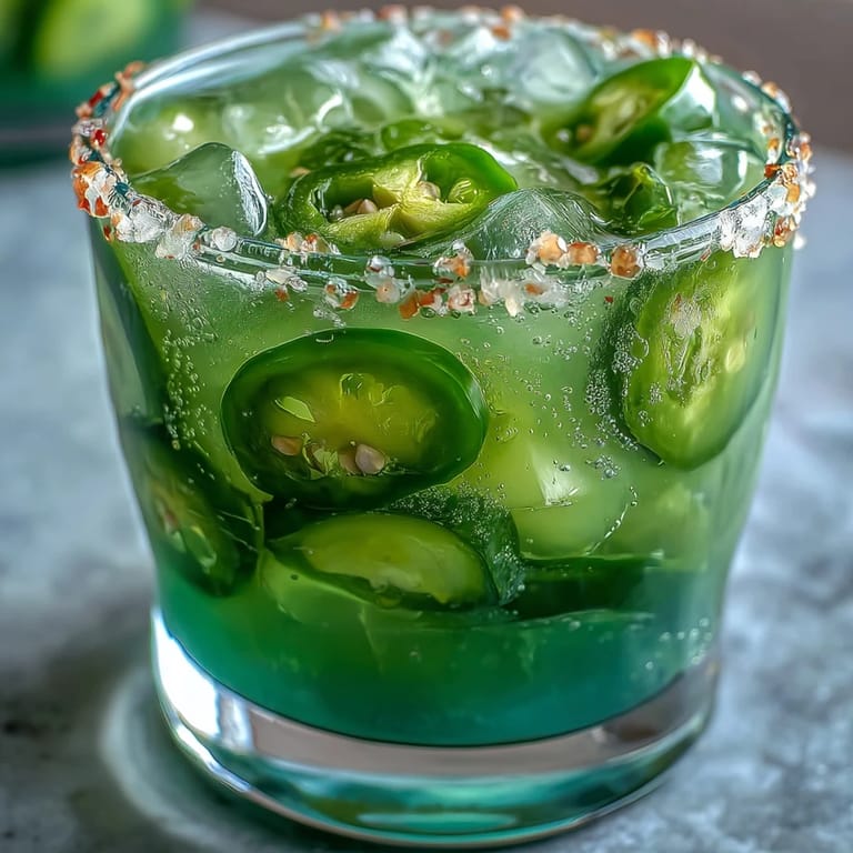 Refreshingly bright mocktail recipe, featuring a zesty jalapeño salt rim, chilled ice.