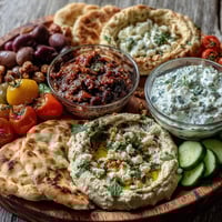 A vibrant Mediterranean Brunch Board with creamy hummus, smoky baba ganoush, and tangy tzatziki surrounded by fresh vegetables and feta.