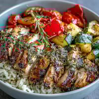 Freshly roasted Lemon Herb Roasted Chicken rests on fluffy white rice, surrounded by caramelized red bell peppers and zucchini.