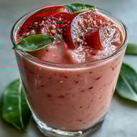 Fresh Guava Banana Smoothie in a tall glass, topped with banana slices, perfect for a creamy tropical breakfast or snack.