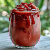 A glass of Guava Juice Smoothie with creamy yogurt and honey, topped with fresh mango and strawberries.