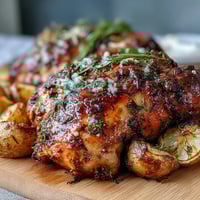 Golden Lemon Herb Roasted Chicken with crispy baby potatoes, fresh rosemary, and thyme, ready for a cozy family dinner.