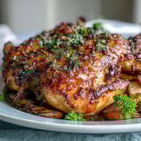Sheet pan herb chicken with root veggies sizzling golden and aromatic on a rustic baking tray.  