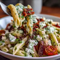 A colorful Greek pasta salad with olives and feta, bursting with fresh vegetables and tangy dressing.  