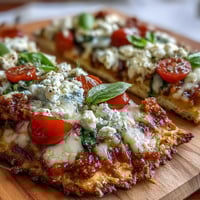 Wholesome cottage cheese flatbread pizza with melted mozzarella, fresh tomatoes, and basil, baked to golden perfection for a protein-packed meal.