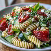 Vibrant spring pasta salad with strawberries, feta, and arugula in a light balsamic dressing.