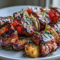 Grilled Pineapple Chicken Skewers with juicy marinated chicken and caramelized pineapple chunks sizzling on the grill.