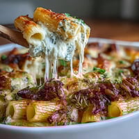 Warm French onion pasta bake with caramelized onions, creamy sauce, and golden Gruyère crust bubbling in the oven.