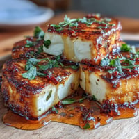 Golden pan-seared Hot Honey Halloumi glistening in sweet chili glaze.