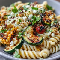 Vibrant pasta salad with grilled zucchini, corn, and salty cotija cheese.