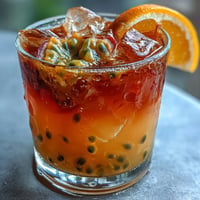 Tropical Sunrise Mocktail, a vibrant layered drink with passionfruit and orange juice.