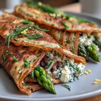 Golden Spring Buckwheat Crepes overflowing with vibrant fresh greens and creamy cheese.