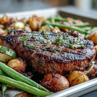 Juicy Father's Day Steak and Potato Sheet Pan Dinner with roasted vegetables.