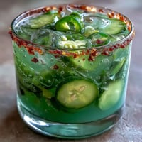 Viral Pickle Margarita Mocktail, vibrant with spicy jalapeño rim, served chilled.